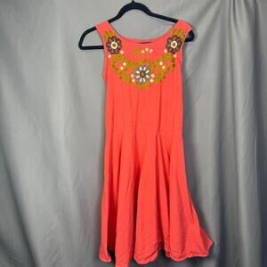 Vintage‎ 1970s Handmade Embroidered Sundress Coral Floral Boho Size S/M